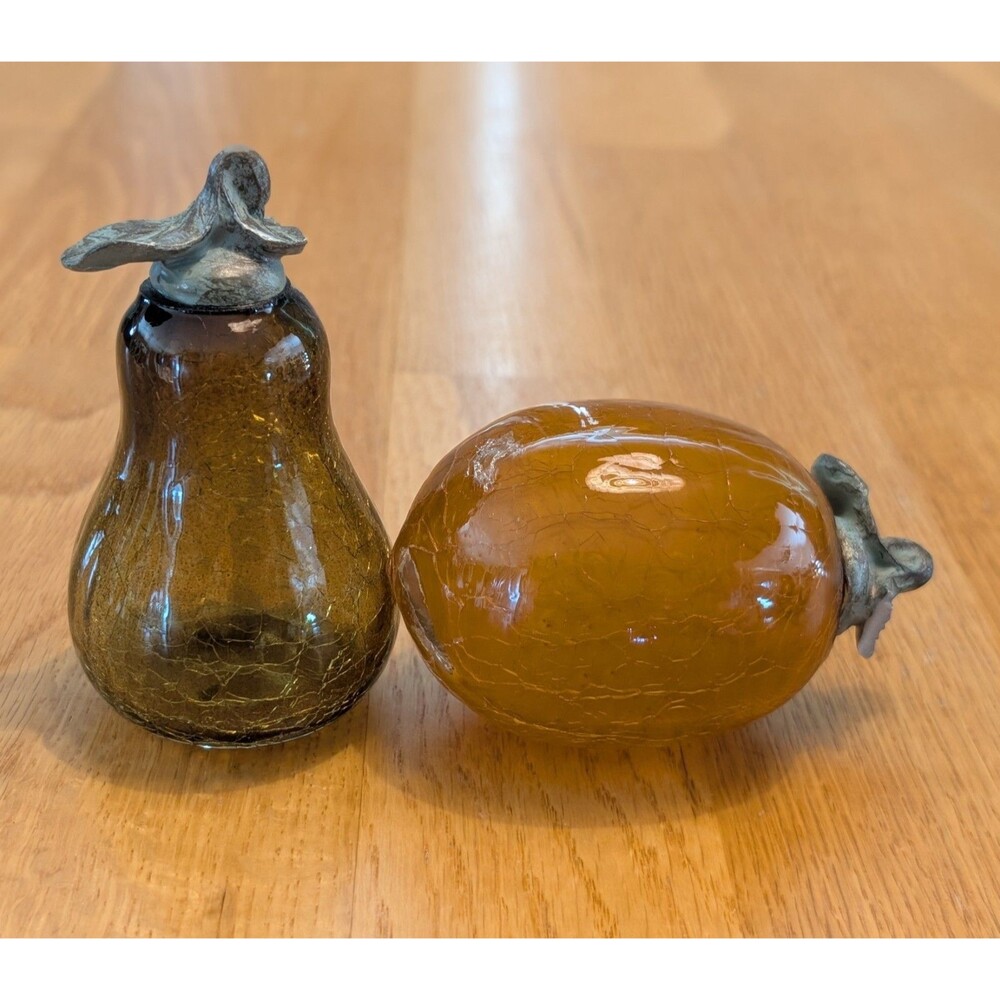 Vtg 2 PC Hand Blown Art Glass Crackle Glass Fruit Metal Stem Pear Orange *Read